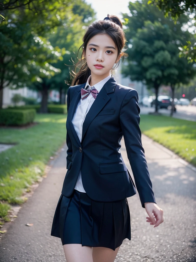 (masterpiece, highest quality:1.4), award-winning portraits, 8K, 85mm, alone, beautiful face, delicate girl, , (dark navy blazer jacket, turn your arms behind your back, close your face:1.2), dark navy skirt, long sleeve, violaces, gardenia, grace, Sophisticated, cute, teen, looking at the viewer, 15 years old, Raw photo, disorganized, HDR, sharp focus, A bow tie, background bokeh、(((flat 、thin and delicate body、A childish atmosphere)))、shiny semi-long hair、ponytail、Mole on the left cheek、large, round, dark blue eyes、(full body)、the skirt is swaying in the wind、((Uplifting、come running to me、hair waving in the wind))、dance、Dancing