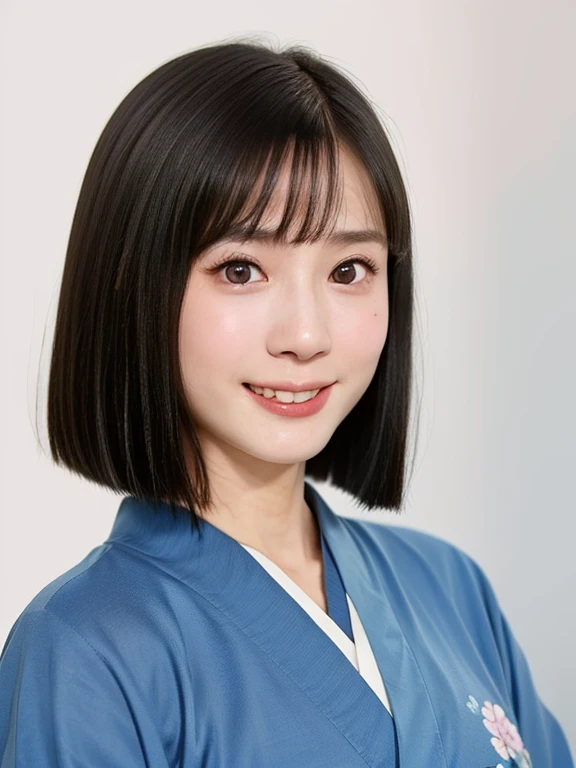 (kawaii 24 year-old Japanese girl, Nogizaka idol, Korean idol), (glossy black hair, medium bob cut:1.3), (extra rounded face, forehead, single eyelid, no makeup, laughing:1.2), (wearing light blue concept Kimono, Japanese traditional cloth, floral patterned outfit:1.3), well shaped extra small breasts, (looking at viewer:1.2), BREAK, (simple white background:1.2), (portrait, id photo, view from straight forward:1.3), BREAK, (masterpiece, best quality, photo realistic, official art:1.4), (UHD, 8K quality wallpaper, high resolution, raw photo, film grain:1.2), (shiny skin), professional lighting, physically based rendering, award winning, (perfect anatomy, highly detailed skin, extremely detailed face and eyes, well drawn clear pupils), Carl Zeiss 85 mm F/1.4, depth of field, 1girl, solo,