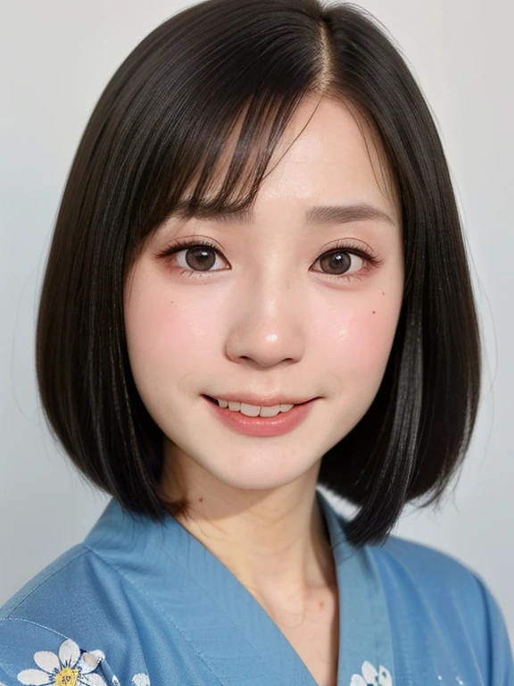 (kawaii 24 year-old Japanese girl, Nogizaka idol, Korean idol), (glossy black hair, medium bob cut:1.3), (extra rounded face, forehead, single eyelid, no makeup, laughing:1.2), (wearing light blue concept Kimono, Japanese traditional cloth, floral patterned outfit:1.3), well shaped extra small breasts, (looking at viewer:1.2), BREAK, (simple white background:1.2), (portrait, id photo, view from straight forward:1.3), BREAK, (masterpiece, best quality, photo realistic, official art:1.4), (UHD, 8K quality wallpaper, high resolution, raw photo, film grain:1.2), (shiny skin), professional lighting, physically based rendering, award winning, (perfect anatomy, highly detailed skin, extremely detailed face and eyes, well drawn clear pupils), Carl Zeiss 85 mm F/1.4, depth of field, 1girl, solo,