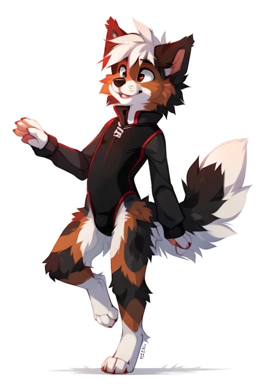No background, white background, ((by keihound, by reysi)), by Zackary911, by fluff-kevlar, Furry, Anthro, ((Australian Shepard)), detailed fur, ((teen)), ((small)), ((short)), dynamic pose, sensual pose, short white hair, ((short fluffy tail)), ((fluffy butt)), ((black leotard, long sleeve leotard))