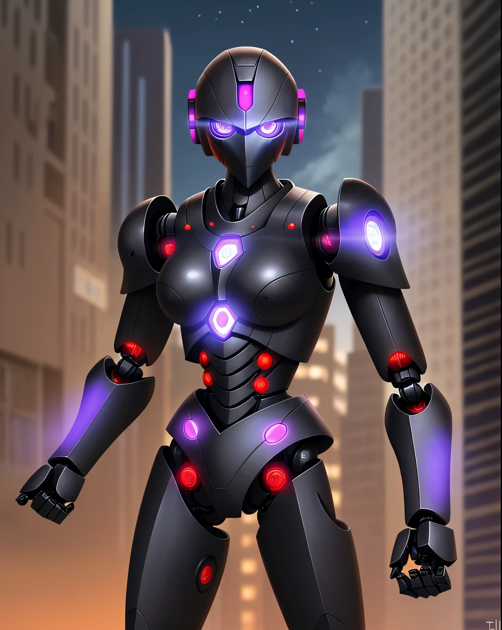 Evening background, black iron robot, doll robot, high performance, high quality, armed, sharp armed, thick armor, eyes purple, glowing purple, sharp eyes, rogue robot, sky in background,
