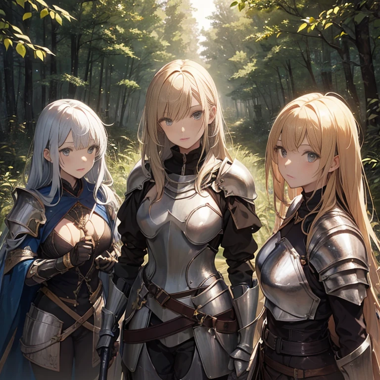 A group of female knight, (in forest), various hair styles, harem, wearing armored clothes, metal armor, night, details face, trousers, seducing, sword,