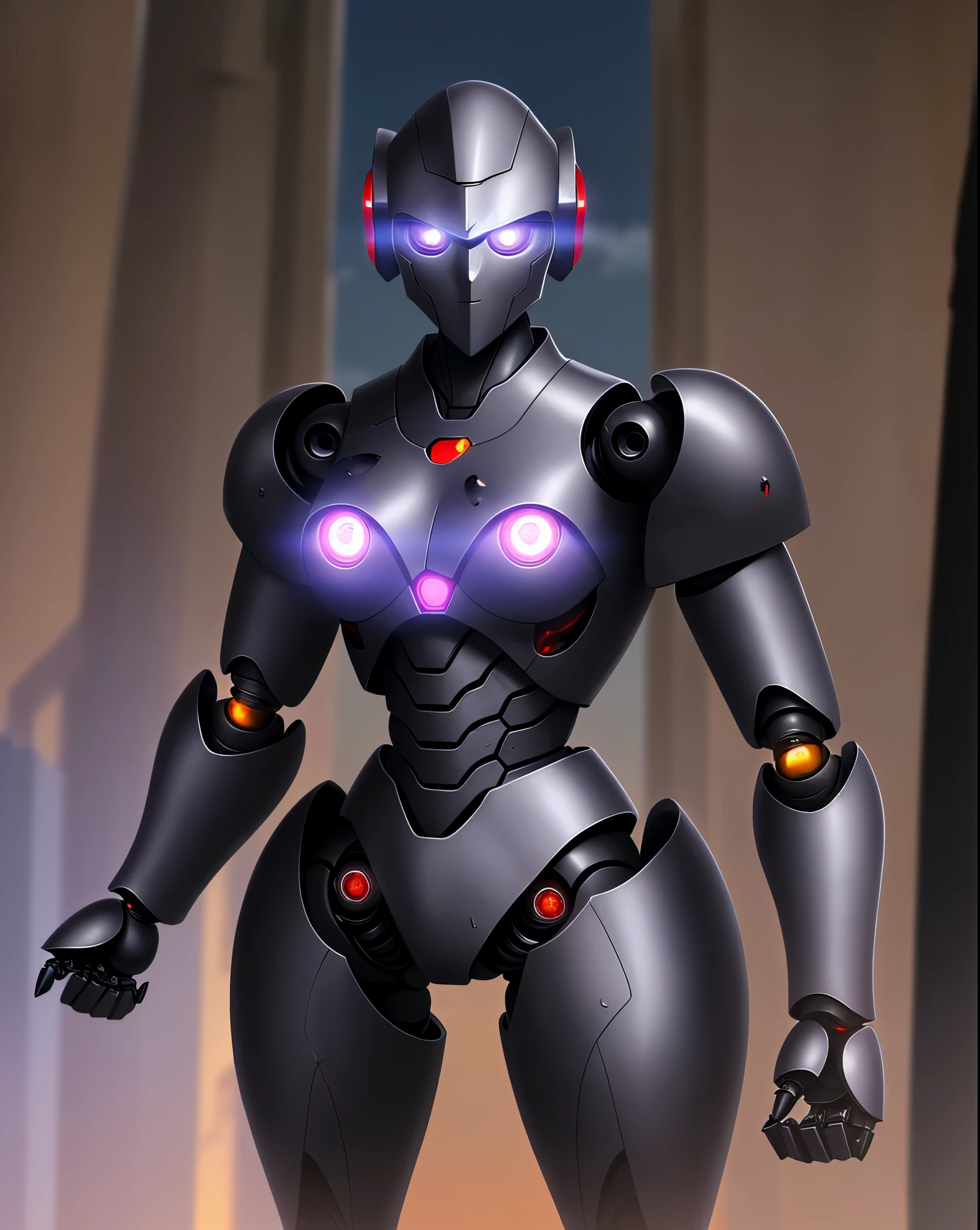 Evening background, black iron robot, doll robot, high performance, high quality, armed, sharp armed, thick armor, eyes purple, glowing purple, sharp eyes, rogue robot, sky in background,