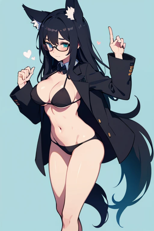 hot girl, beautiful long cyan hair, wearing glasses, cyan eyes, black bikini, big but medium breasts, a black jacket no panties and long black transparent socks, wolf ears, blush