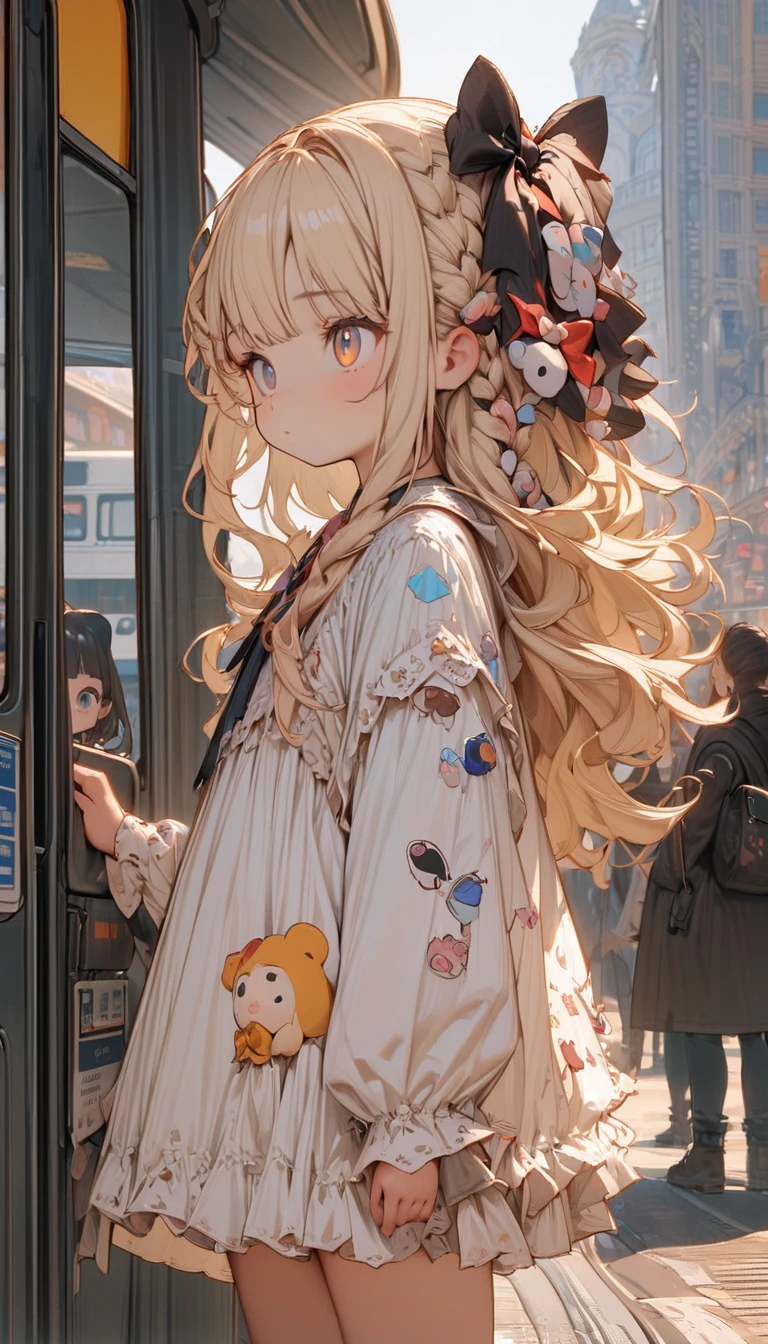 #Quality(8k,best quality,masterpiece,cinematic),solo,#1 girl(cute, kawaii,light blond hair,braid hair,long hair,hair bow, eye color cosmic,big eyes,standing ,waiting for bus,looking away,boring,wearing simple white short dress,),#background(at bus station,london),long shot,from side