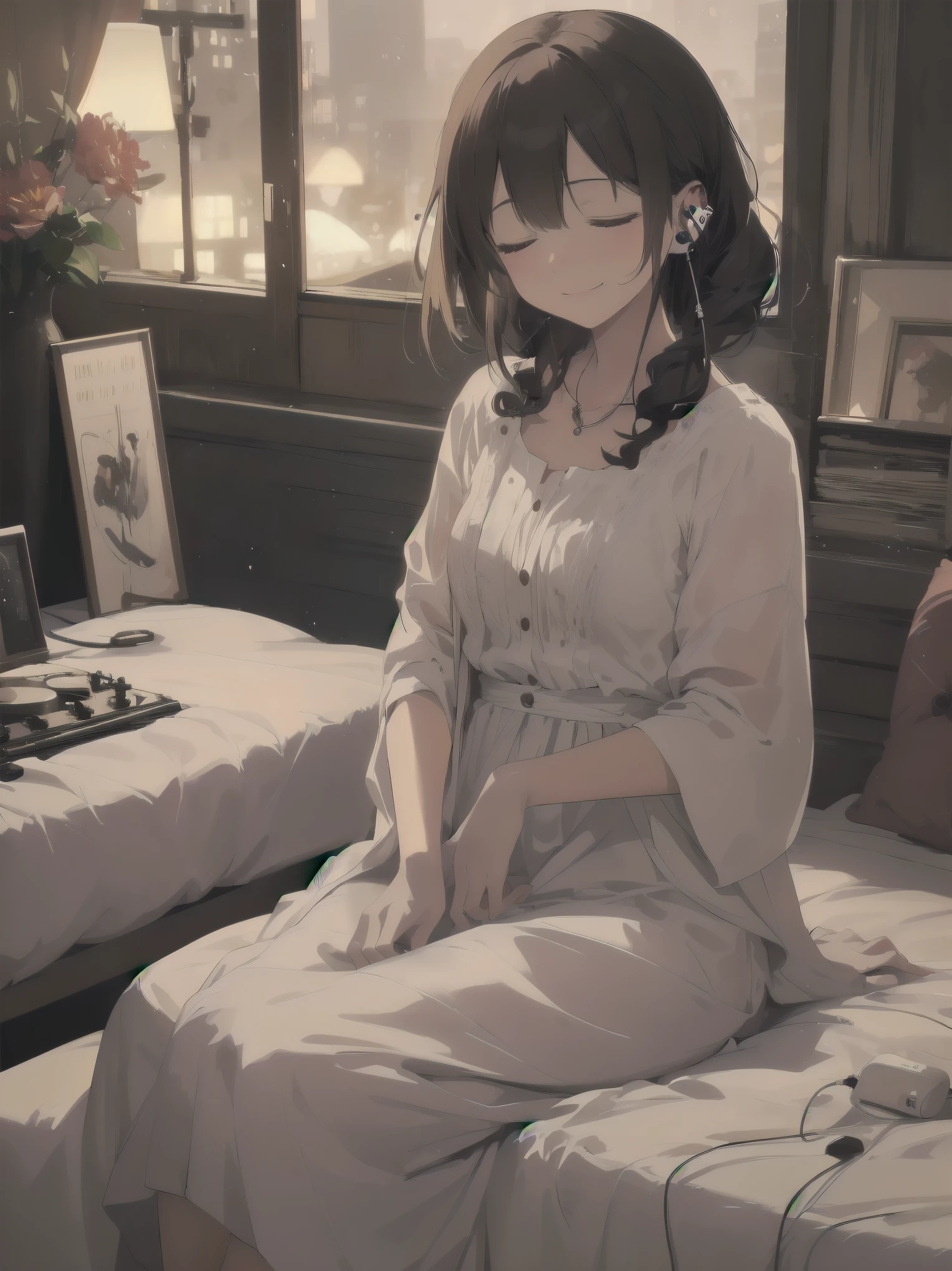 A night of music: she put on her earphones and closed her eyes. Her room was filled with beautiful melodies and she was completely absorbed in the music. 'Nothing could be more comforting', she couldn't help but smile.