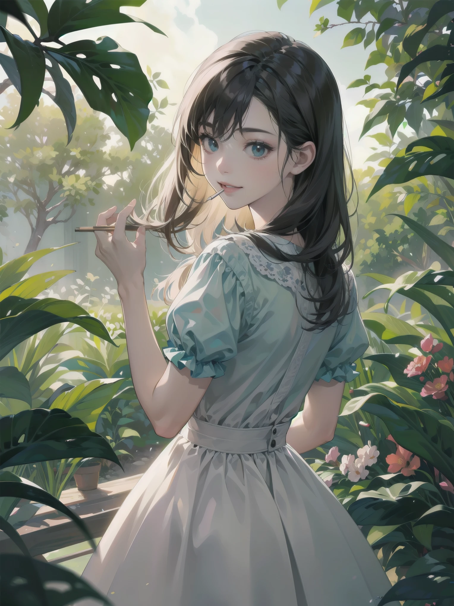 1 garota, elegant floral dress, (orelhas de gato fofas), cabelo branco curto, cativante e gracioso, (olhos detalhados realistas, textura natural da pele, Sorriso gentil), lush garden scenery, Flores desabrochando, banco de ferro ornamentado, detalhes intrincados, soft, dreamy lighting, paleta de cores pastel, profundidade superficial de campo, bokeh da luz do sol salpicado pela folhagem, altamente detalhado, hiper-realista, medium format film camera, fundo naturalmente desfocado,