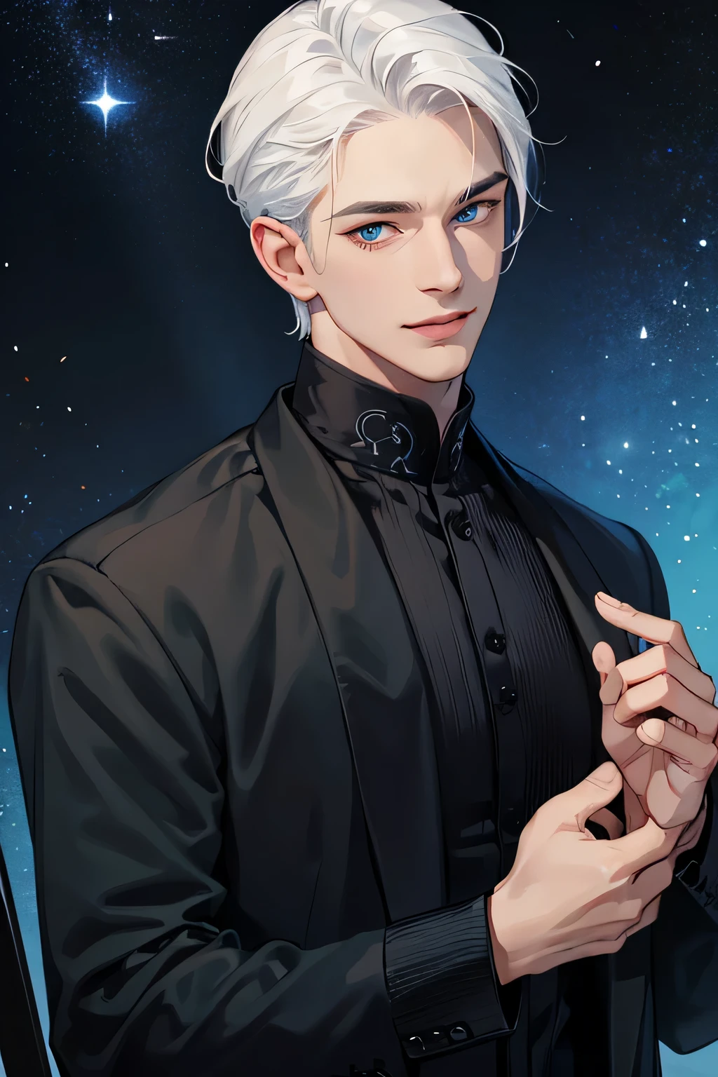 masterpiece, best quality, realistic, 1man, casual dark black clothes, young male, tall , handsome, smile, closed mouth, portrait, extremely detailed face, (over ther shoulder hair), (white hair), (blue eyes), portrait, starry sky