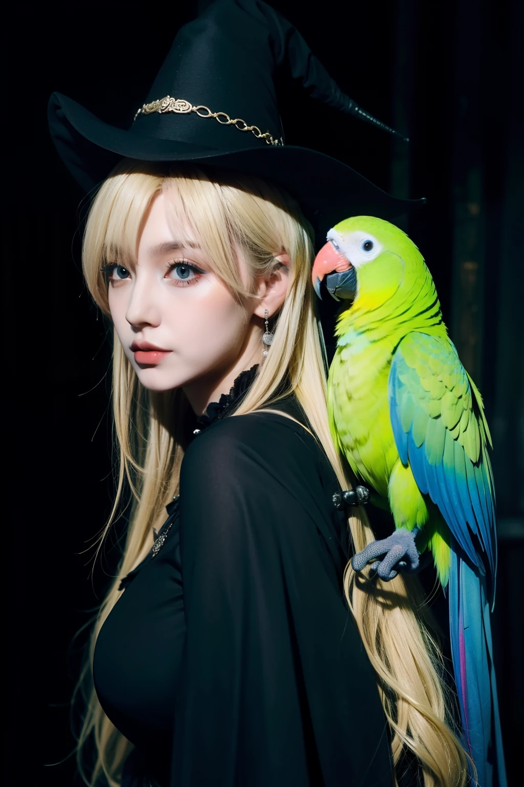 Gothic magic style，hogwarts style，Blonde hair, Side face girl,There is a parrot on the shoulder,A fantasy black wand,Black magic hat,Fantastic high quality。