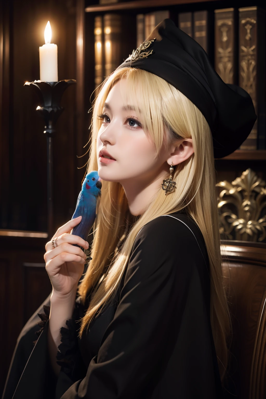 Gothic magic style，hogwarts style，Blonde hair, Side face girl,There is a parrot on the shoulder,A fantasy black wand,Black magic hat,Fantastic high quality。