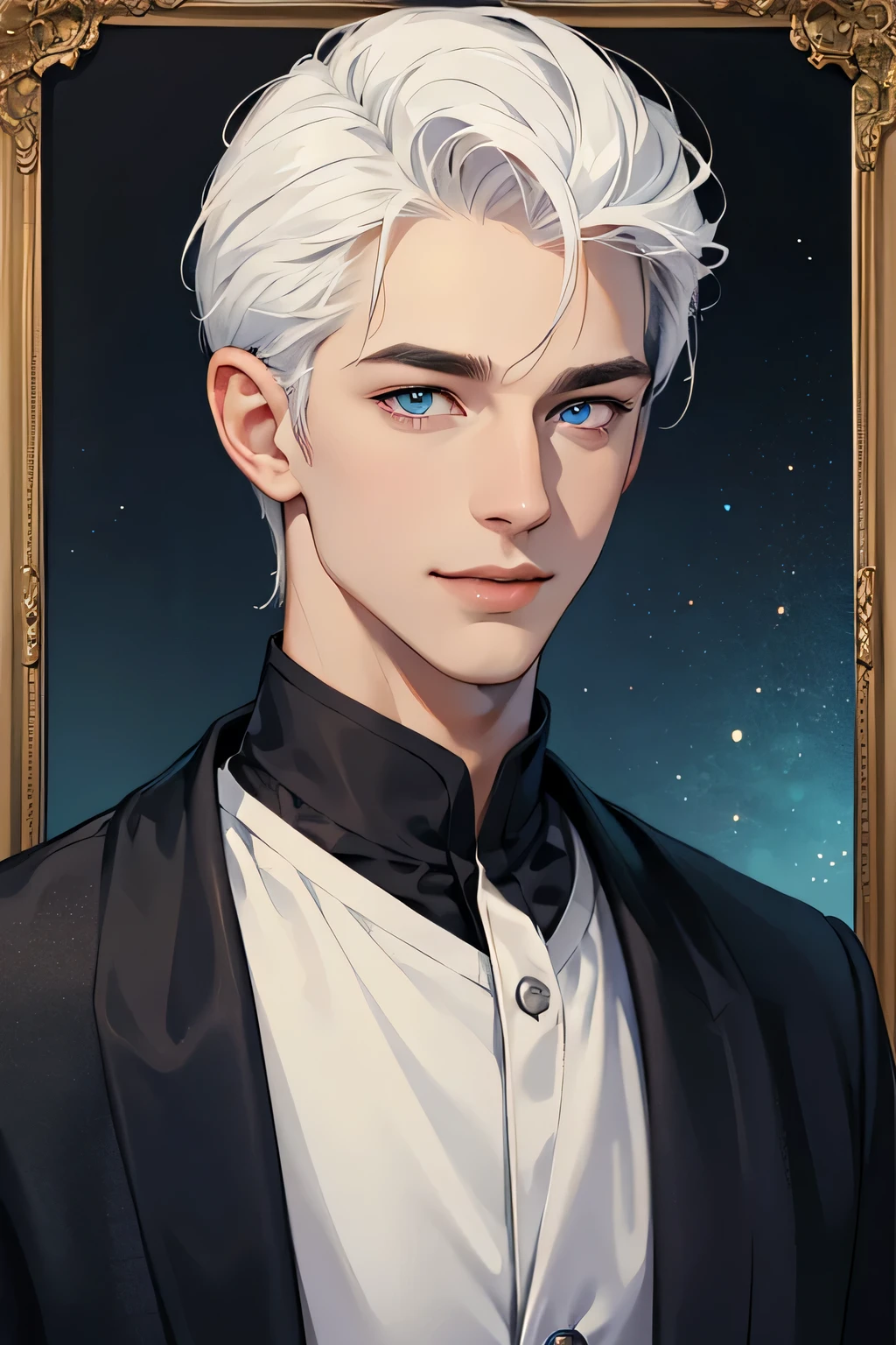 masterpiece, best quality, realistic, 1man, casual dark black clothes, young male, tall , handsome, smile, closed mouth, portrait, extremely detailed face, (over ther shoulder hair), (white hair), (blue eyes), portrait, starry sky
