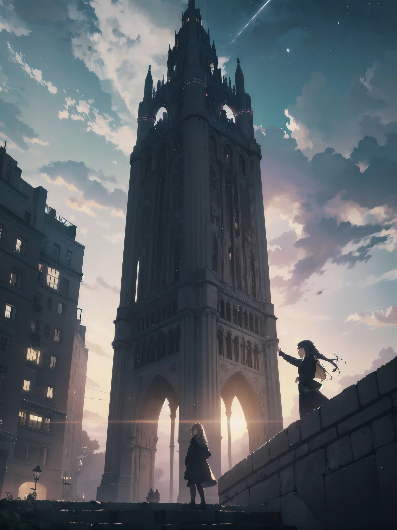 Girl looking up Scene 1: Twilight tower shadow The girl stands quietly against the sky, which is dyed an azure colour. Towering up in front of her is a huge structure called the Tower of Babel. Its form, which seems to pierce through the clouds, seems as if it is about to reach the heavens. The girl's gaze is directed towards the top of the tower. The tower, shrouded in evening darkness, creates a fantastic atmosphere. The surface of the tower is engraved with intricate patterns. It looks like ancient writing. The girl seems to sense something deep within the tower. Is it the memory of a masterpiece story or a longing for an unknown fantasy world? Scene 2: Memory of the starry sky The girl stands at the top of the tower amidst countless twinkling stars in the night sky. At her feet, the lights of the city shine like jewels. The girl closes her eyes and takes a deep breath. The scent of the night breeze is mixed with the old smell of the tower. The girl's mind replayed a famous story. It was a story of adventure and friendship that the girl read as a . The hero of the story, like the girl, climbed the Tower of Babel. There, she meets her friends and overcomes various difficulties. The girl dreamed that one day she, like the hero, would go on an adventure. Scene 3: The promise of the morning glow The girl left the tower just as the light of the morning sun was illuminating it. Looking back, the tower shone in the morning sun and even looked divine. The girl decides that one day she will climb this tower again. And when she does, she vows to spin out the rest of the masterpiece's story. Step by step, the girl walked into the future.