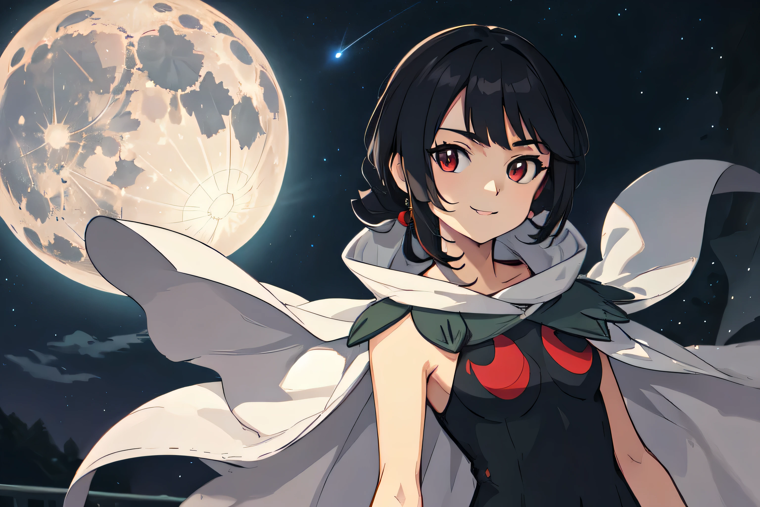 zinnia \(pokemon\) , red eyes, grey shorts, black shirt, sleeveless, cape, nightsky , guard rail ,moon,   best quality, (extremely detailed:1.4)  ,illustration, mysterious, vivid_color, shiny,, Dynamic actions , Lens perspective  , volumetric lighting , detailed eyes, hyper detailed ,  beautiful, small details, ultra detailed, intricate, 4k, 8k, good anatomy, beautiful lighting, smiling, night sky, meteor