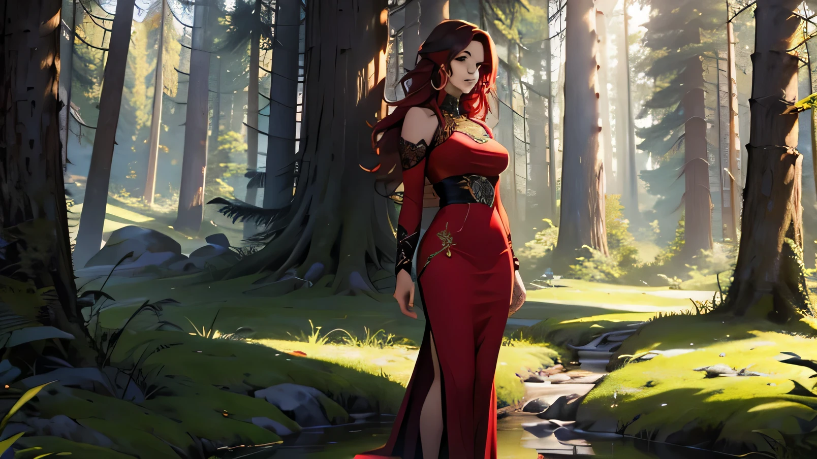 Obra Maestra,  mujer 30 a;os cabello rojo, cuerpo femenino bien definido, cuerpo completo usando vestido elegante negro con accesorios dorados, en un bosque UHD