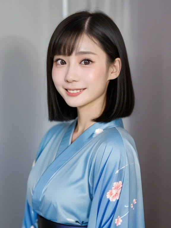 (kawaii 24 year-old Japanese girl, Nogizaka idol, Korean idol), (glossy black hair, medium bob cut:1.3), (extra rounded face, forehead, single eyelid, no makeup, laughing:1.2), (wearing light blue concept Kimono, Japanese traditional cloth, floral patterned outfit:1.3), well shaped extra small breasts, (looking at viewer:1.2), BREAK, (simple white background:1.2), (portrait, id photo, view from straight forward:1.3), BREAK, (masterpiece, best quality, photo realistic, official art:1.4), (UHD, 8K quality wallpaper, high resolution, raw photo, film grain:1.2), (shiny skin), professional lighting, physically based rendering, award winning, (perfect anatomy, highly detailed skin, extremely detailed face and eyes, well drawn clear pupils), Carl Zeiss 85 mm F/1.4, depth of field, 1girl, solo,