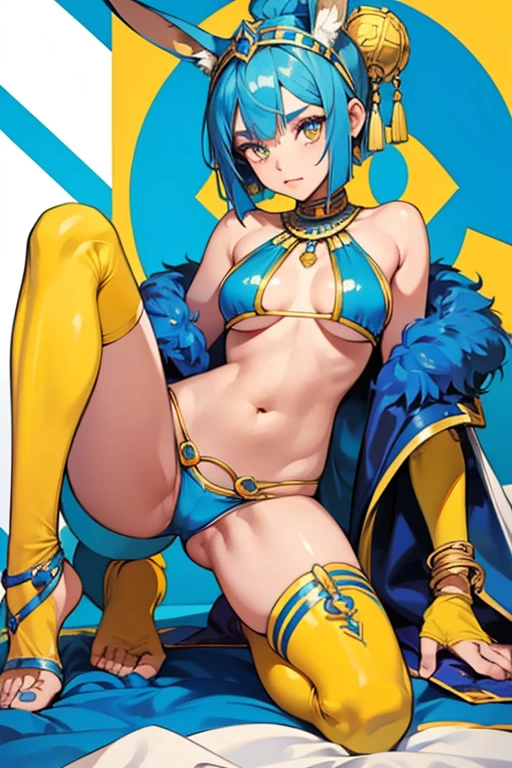 Ankha has blue hair in a bob cut, aside from two yellow stripes that wrap horizontally around her head. Her ears are similarly blue with yellow interiors. This emulates the Egyptian headdresses pharaohs wore, complemented by a cobra emblem worn on her forehead (with exception to City Folk, where Ankha's wears a scarab charm in place of a cobra). The Egyptian-like eyeliner she wears are the same blue color, but her pupils are slightly darker and her eyeshadow is a deeper shade of yellow. The paw pads on her feet are the same mustard yellow. Ankha is also constantly frowning, as she never smiles at all in her appearances. There's also no difference between her smile and her frown. SPARKLE; GLITTER