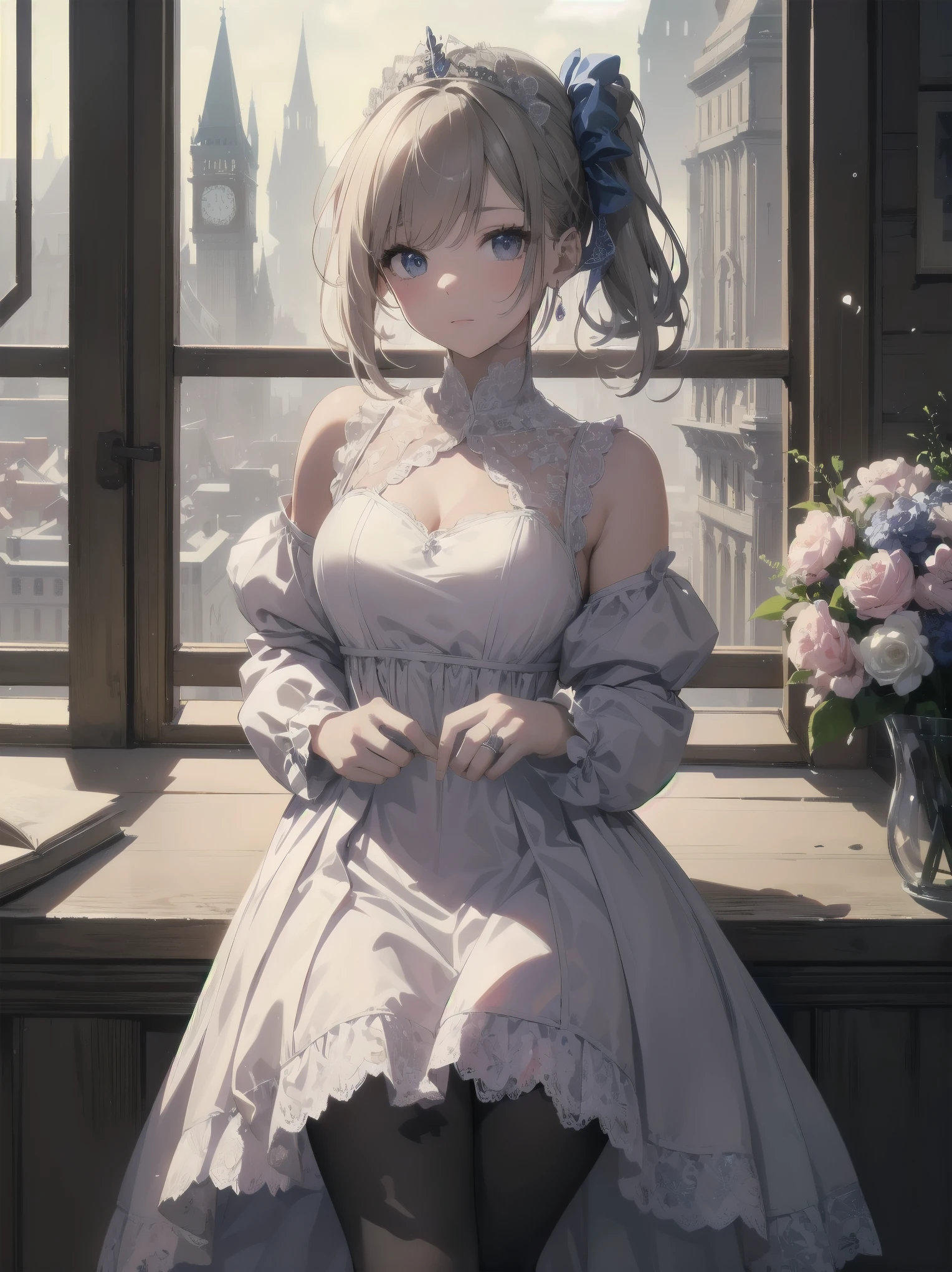  bride: wedding ring shining on ring finger Fusion of medieval European fashion Emphasis on elements of cuteness and adoration Posed illustration of the overwhelming cuteness of the character in the foreground Overwhelming architectural and cityscape background Ultra-detailed, rich, contemporary interpretation of medieval Europe and fantasy world Realistic textures, Professional artistic shading and light sources, scene-like cinematography and effects, depth of subject One beautiful girl, super cute, bob cut, side ponytail, perfect anatomy 
Colours: pastel, white, pale purple, blue, gingham check 
Materials: chiffon, lace, satin, velvet, etc. Silhouette: fluffy skirt, A-line, long length 
Decoration: frills, ribbons, lace, pearls, embroidery etc. Coordinates Romantic princess: pastel dress, lace blouse, fluffy skirt, ribbon hair accessory, black tights Add accessories and accessories to personalise.