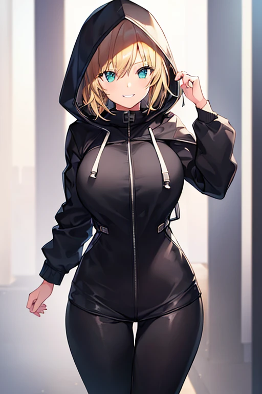 1girl, hood, jacket, hooded jacket, hood on, hood up, blonde hair, large breasts, breasts, hourglass figure, white shirt, black shirt, very short hair, pants, black pants, smile, toned, toned female, urban, mature female, tall, tall female