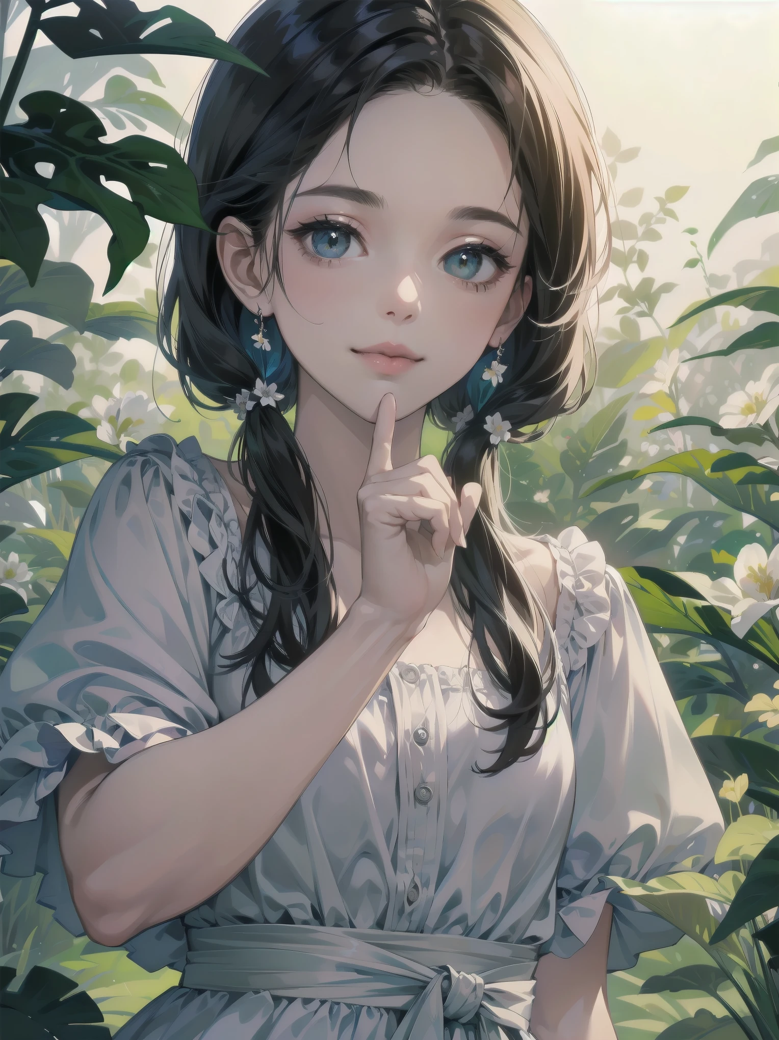 1 garota, elegant floral dress, (orelhas de gato fofas), cabelo branco curto, cativante e gracioso, (olhos detalhados realistas, textura natural da pele, Sorriso gentil), lush garden scenery, Flores desabrochando, banco de ferro ornamentado, detalhes intrincados, soft, dreamy lighting, paleta de cores pastel, profundidade superficial de campo, bokeh da luz do sol salpicado pela folhagem, altamente detalhado, hiper-realista, medium format film camera, fundo naturalmente desfocado,
