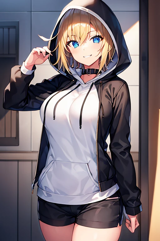 1girl, hood, jacket, hooded jacket, hood on, hood up, blonde hair, large , breasts shirt, black shirt, very short hair, pants, black pants, smile, toned, toned female