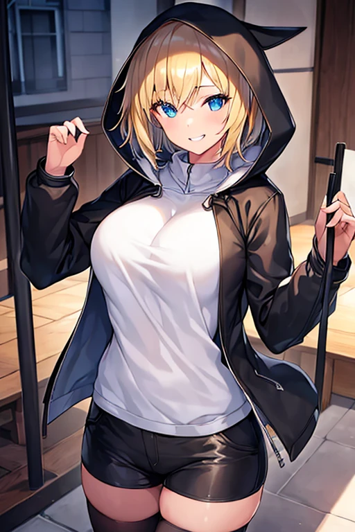 1girl, hood, jacket, hooded jacket, hood on, hood up, blonde hair, large breasts, breasts, white shirt, black shirt, very short hair, pants, black pants, smile, toned, toned female