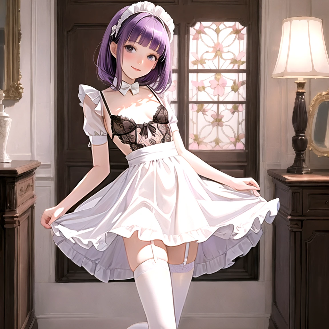 (masterpiece, best quality,absurdres, high details, perfect), 1girl, Purple hair color, short straight hair, blunt bangs,narrow waist, grey eyes, petals, pale skin, mansion, indoors, maid, maid headdress, cowboy shot, blush, light smile, head tilt, bowing,((Best quality)), ((masterpiece)), (detailed), (perfect face), (high resolution), (flawless face), ((small breasts)), in lingerie,((white knee-high)), full body,M shaped spread legs,front view,lifting skirt.