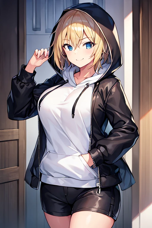 1girl, hood, jacket, hooded jacket, hood on, hood up, blonde hair, large breasts, breasts, white shirt, black shirt, very short hair, pants, black pants, smile, toned, toned female