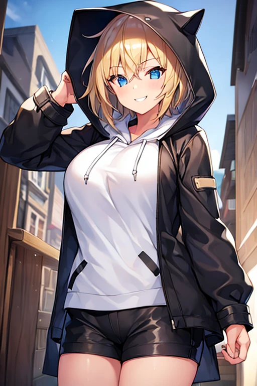 1girl, hood, jacket, hooded jacket, hood on, hood up, blonde hair, large breasts, breasts, white shirt, black shirt, very short hair, pants, black pants, smile, toned, toned female