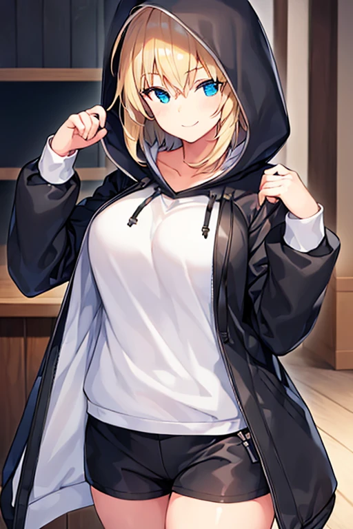 1girl, hood, jacket, hooded jacket, hood on, hood up, blonde hair, large breasts, breasts, white shirt, black shirt, very short hair, pants, black pants, smile, toned, toned female