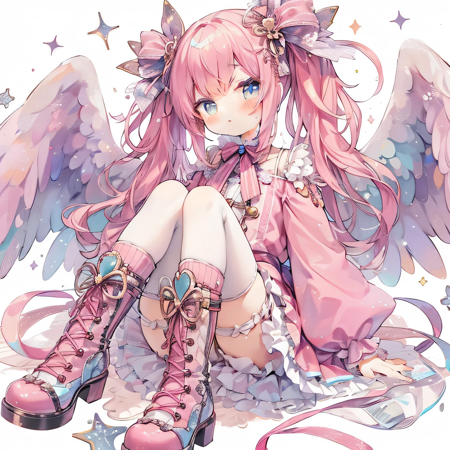 anime girl with pink hair and angel wings sitting on the ground, cute anime girl, angel girl, pixiv, pixiv style, (anime girl), pink twintail hair and cyan eyes, cute anime, of an beautiful angel girl, pretty anime girl, digital art on pixiv, anime visual of a cute girl, top rated on pixiv