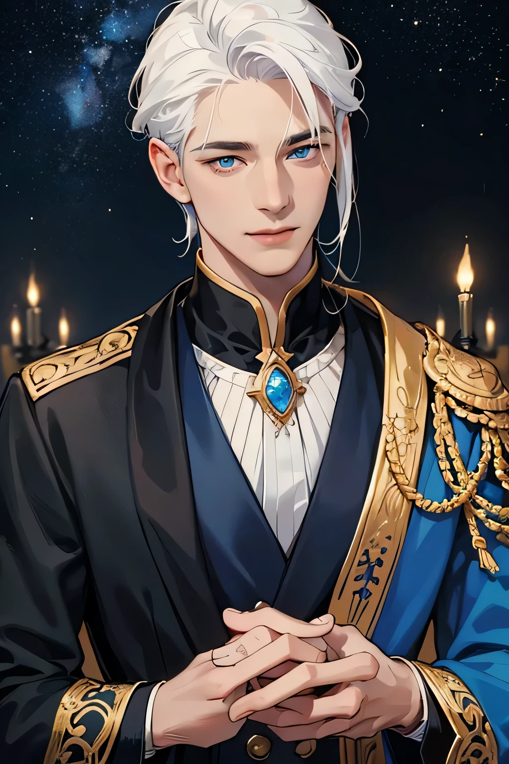 masterpiece, best quality, realistic, 1man, casual dark black and blue, golden clothes, young male, tall , handsome, smile, closed mouth, portrait, extremely detailed face, (over ther shoulder hair), (white hair), (blue eyes), portrait, starry sky