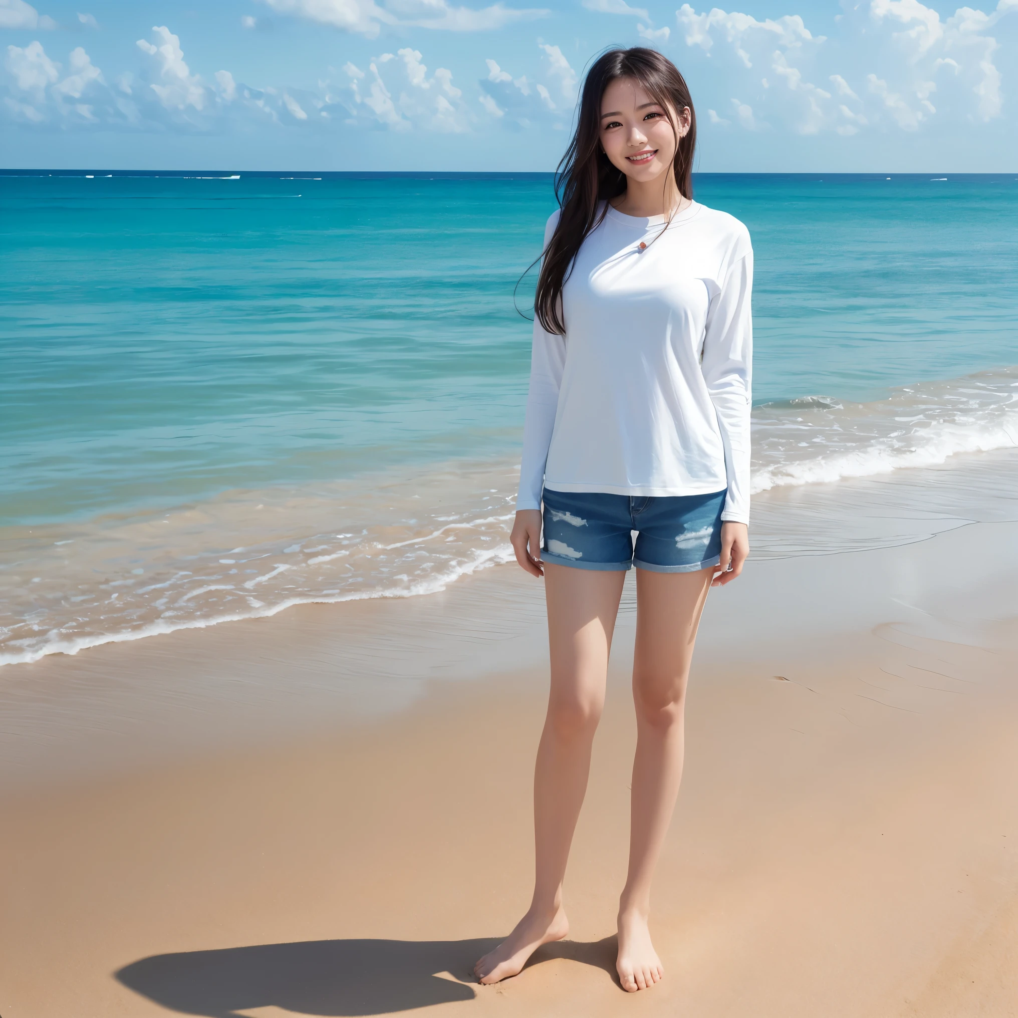 ((highest quality、table top、8k、best image quality、extremely complex and detailed depiction))、(solo:1.1)、(1 photo:1.1)、(look at me with the best smile:1.2)、(Please smile and show your beautiful teeth:1.2)、(最も自然でwide々It was々美しく完璧なstanding on the beach:1.2)、(wide々It was美しい波打ち際に立っている:1.1)、(Perfect and most natural open chest T-shirt:1.2)、(The most natural and perfect shorts:1.2)、Perfect and most natural coordination、emphasize body line、(perfect hibiscus hair ornament:1.1)、A bright hibiscus flower on the head、cleavage、(big breasts:1.1)、(glamorous body:1.1)、hair swaying in the wind、(beautiful perfect sandy beach:1.1)、(beautiful clear sky:1.1)、(beautiful thunder clouds:1.1)、beautiful sea、(Beautiful clear and vivid sea:1.1)、Complex sea glow、beautiful seaの詳細が描かれています、(Brightly lit face:1.2)、(美しい skin that shines brightly:1.1)、Ultra high definition beauty face、ultra high definition hair、Super high definition beautiful eyes、(Pure white skin shining in ultra-high resolution:1.2)、very bright and glowing skin、Super high resolution glossy lips、(very bright and vivid:1.3)、(accurate anatomy:1.1)、(Full body photo of a standing woman:1.2)、(long legs:1.1)、(barefoot:1.1)、(perfect legs:1.1)、gravure pose、(standing on the beach:1.3)、(perfect full body photo:1.1)
