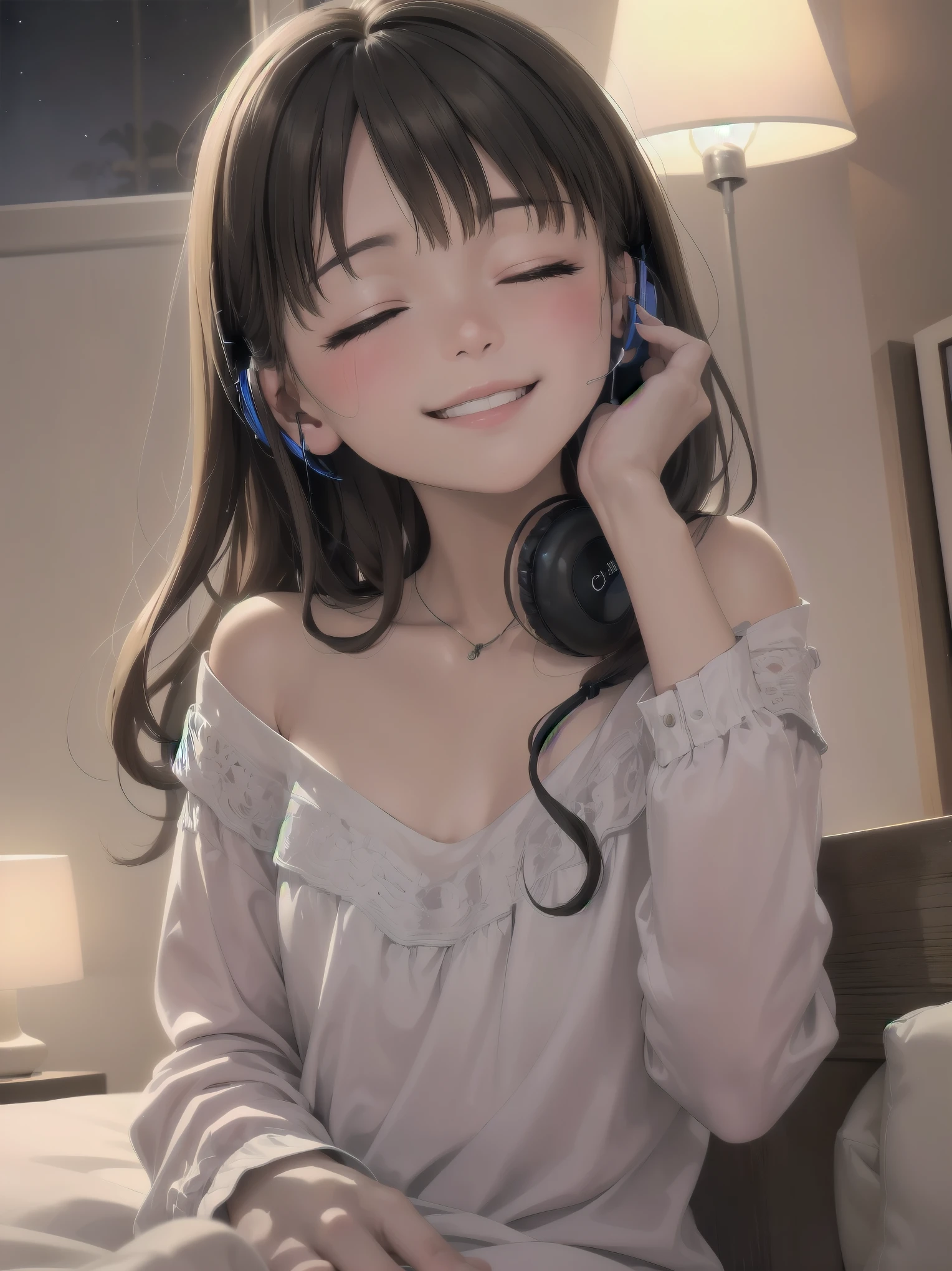 A night of music: she put on her earphones and closed her eyes. Her room was filled with beautiful melodies and she was completely absorbed in the music. 'Nothing could be more comforting', she couldn't help but smile.
