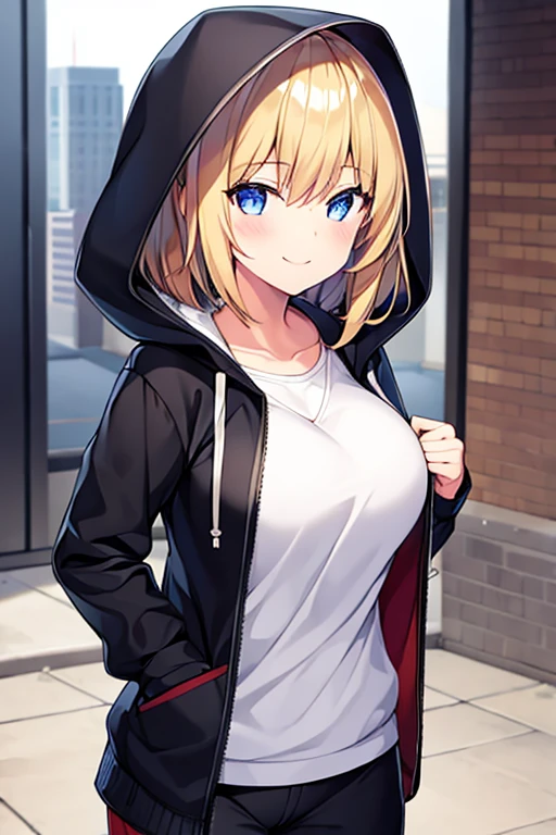 1girl, hood, jacket, hooded jacket, hood on, hood up, blonde hair, large breasts, breasts, hourglass figure, white shirt, black shirt, very short hair, pants, black pants, smile, toned, toned female, urban, mature female, tall, tall female