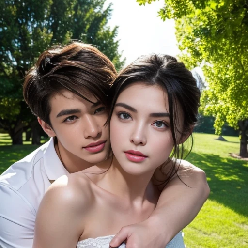 18 year old fashion model [[[[close up]]]]， [[[[Big breasts]]]]， [[[[Call]]]]， [[[[shoulder]]]]， perfect eyes， perfect iris，perfect lips，perfect teeth，perfect skin，white skin，Weak headlights，HDR，lover，Young men and women，Two people are nearby.，The woman is attached to the man.，The background is outdoors.，green tree，lawn，best quality，Masterpiece，Specially diluted，（pastel colors：1.2）