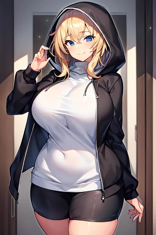 1girl, hood, jacket, hooded jacket, hood on, hood up, blonde hair, large breasts, thick thighs, wide hips, hourglass figure, breasts, white shirt, black shirt, very short hair, pants, black pants, smile, toned, toned female, mature female, tall, tall female