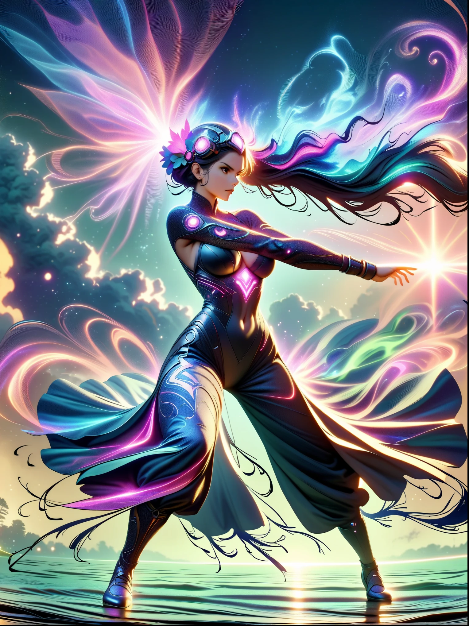 (Heroine dancing sword silhouette:1.5),glowing sword,(fighting stance,Strong dynamic stance:1.4),on the lake,high contrast, mysterious atmosphere,cloud,smokes,lotus,lotus leaf,ripple,(water splash;1.4),moonlight,swordsman,effort,(Tyndall effect:1.8),visible light,holy light,top light,photon mapping,Radiosity,Physically based rendering,