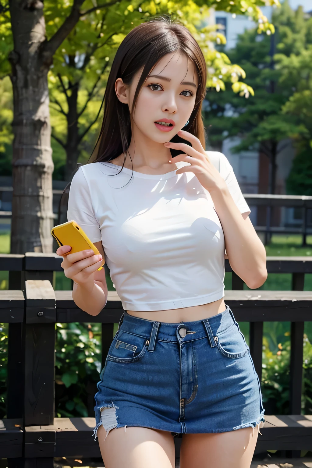 alone、((straight long hair:1.4))、((black hair:1.4))、Tshirt、((Denim miniskirt that emphasizes the thighs))、((Denim miniskirt that emphasizes the thighsを穿いている:1.4))、((cowboy shot:1.4))、((white short sleeve tee shirt:1.4))、Long white T-shirt,denim skirt,black eye,Tshirt,short sleeve,1 girl,sexy pose,highest quality,masterpiece,figure,very delicate and beautiful,cg,unity,8k wallpaper,wonderful,finely,masterpiece,official art,very detailed cg unity 8k wallpaper,incredibly absurd,huge file size,Super detailed,High resolution,very detailed,beautiful detailed girl,realistic,full frontal,outdoor,contrast of light、((Expression of fear 1.4))、((making a call on a smartphone:1.7))、