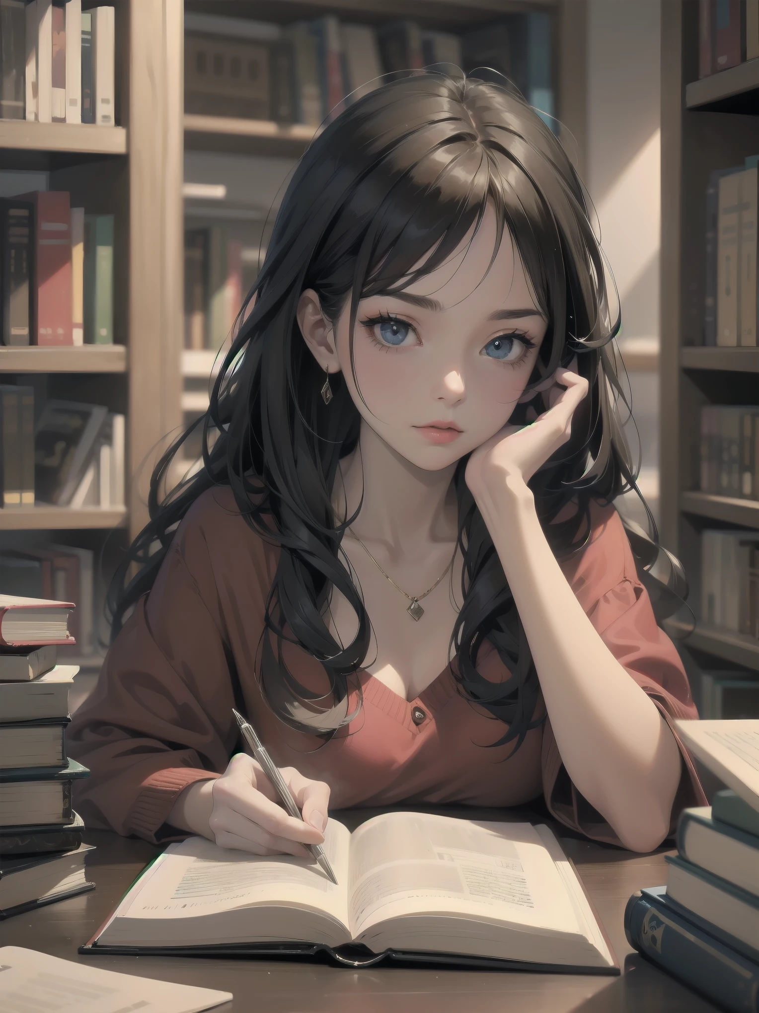 indulgence Quiet reading: in a corner of the library, she was immersed in a new novel. Her hands never stop turning the pages and she murmurs to herself, "This is true savouring". For her, reading was the greatest pleasure.
