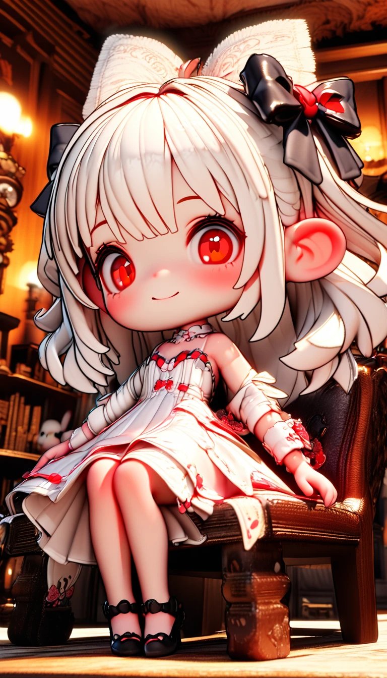 (3D),solo,#1 girl(3D:2.0,Chibi,cute,kawaii,white hair:1.4,long,hair,rabbit ear,white dress,red eyes,big eyes,skin color white,big black hairbow,she is smiling at you kindly,sitting on a chair),gothic background,indoor,colorfull,(3D),