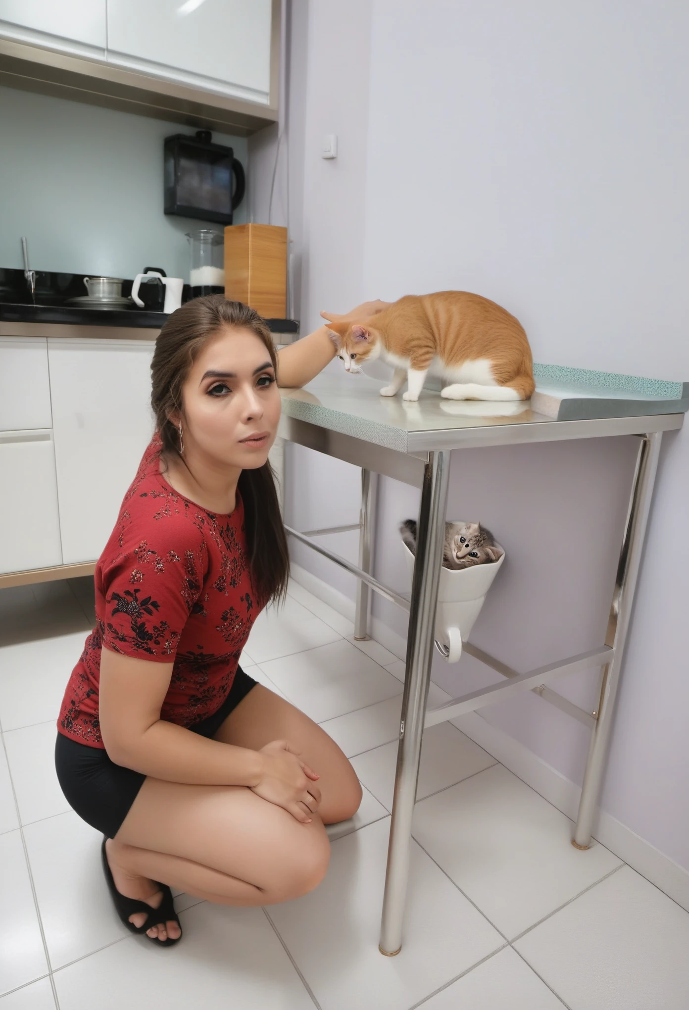 woman kneeling down acariciando um gato on a table in a room, powder Nándor Katona, com gatinho no colo, by Amélia Peláez, por Samuel Silva, acariciando um gato, segurando um gato, by Judith Gutierrez, by Gina Pellon, by Verónica Ruiz de Velasco, segurando um coelho