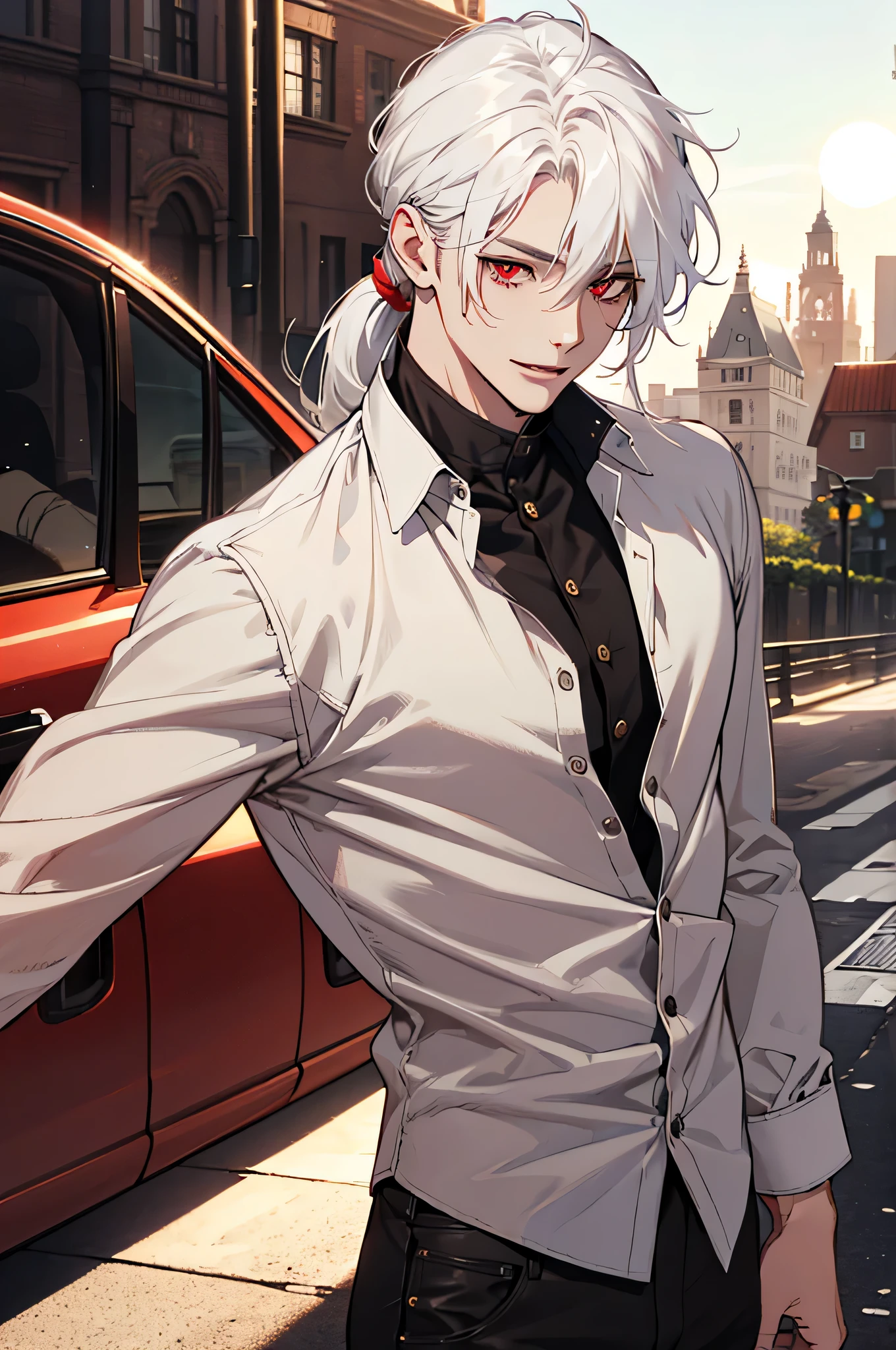 (absurdres, highres, ultra detailed), 1man, 30 years old man, adult man, handsome, tall,, finely detailed eyes and detailed face, leather pants, (((white shirt))), smile, dutch angle, ((Long, White hair in a ponytail)), gold details, gothic, vampire, vampire prince, dark, looking at the view, pale skin, detailed eyes, (masculine), sexy, elegant, (((red eyes))), high quality eyes, well built body, sunny, sun, bright sky, proper hands, male