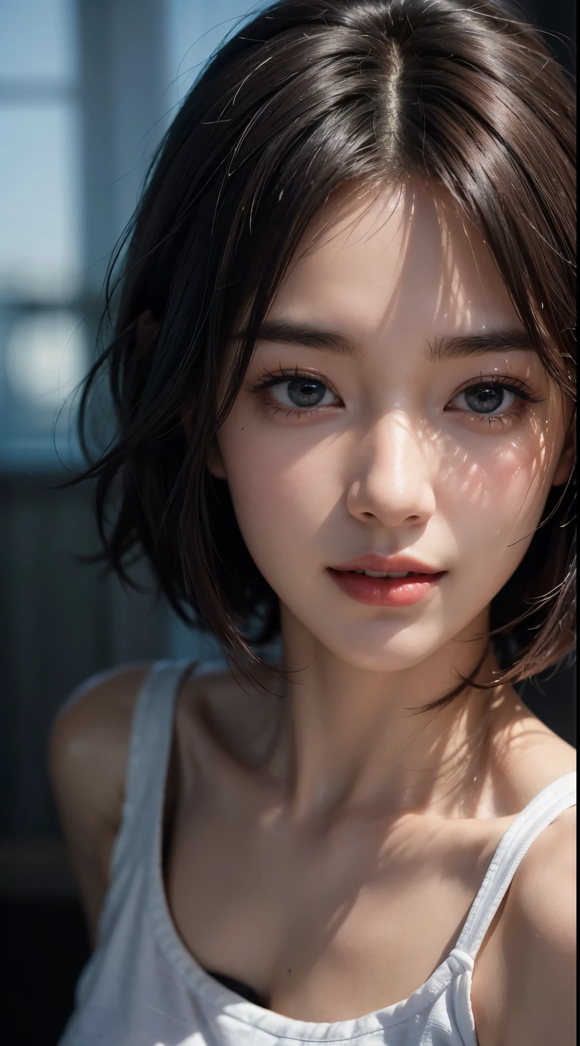 highest quality、8K、32k、Masseter muscle part、nffsw:1.3)、cute japanese girl、1 girl、short hair、profile、(crack your abs、slim body shape:1.2)、(lips) 、（orange hair）、double eyelid、shiny skin、realistic rays of light、big、beautiful face、(laughter:1.3)、squat、(From above:1.2)、(close:1.4)、along the coast、white t-shirt、blurred background、(front pin)、(dark: 1.6)、fantasy art、photo-realistic、professional lighting、highly detailed face、award-winning、deep shadow、((Ultra-realistic raw photos)),fine eyes,Lifelike eyes,thin hair,