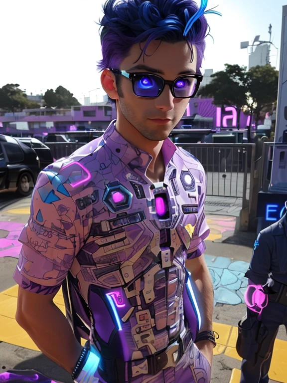 30 year old man, exactamente igual que la imagen, His eyes are the same as the image, purple and neon blue, a little smaller., sin pelo en la cara, un rave para el fondo