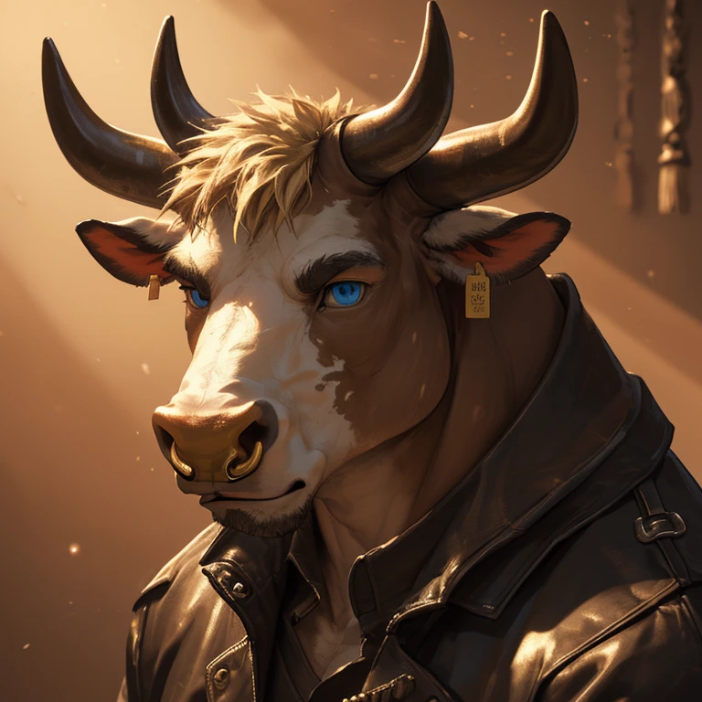 Headshot, handsome male, cow, pointy horns (two), gold nose ring, cattle ear tag, heavy muscular build, light brown short messy fringe, ((best quality)), ((masterpiece)), (detailed), perfect face, blonde fur, blue eyes, good eyes, leather jacket, mischievous, realistic, warm lighting 