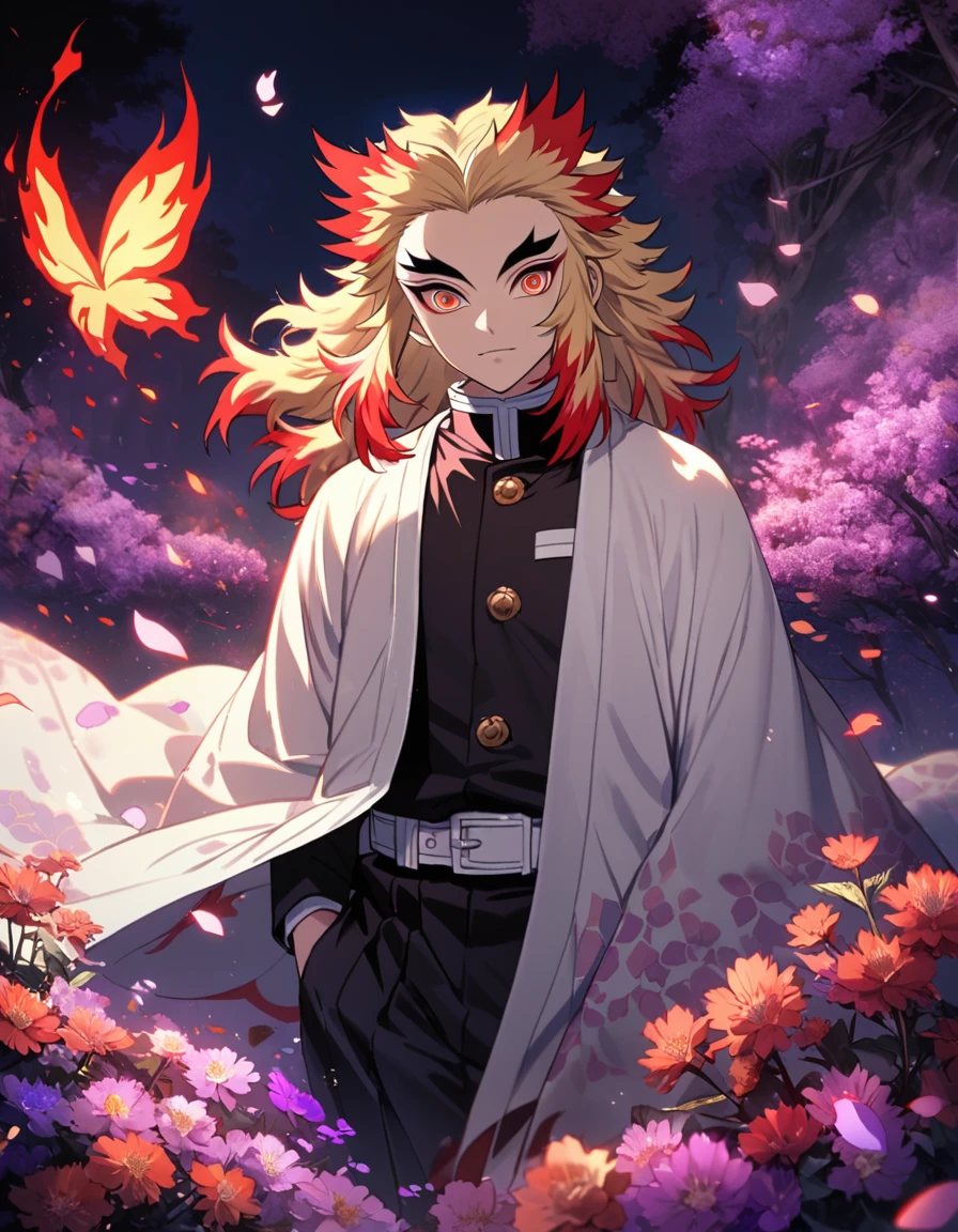4k, very detailed, hd, Rengoku, petals and flowers, handsome, Kimetsu No Yaiba, medium blonde hair with red streaks, butterflies, white haori, flames, pink and violet forest, 1 man only, black demon uniform, water