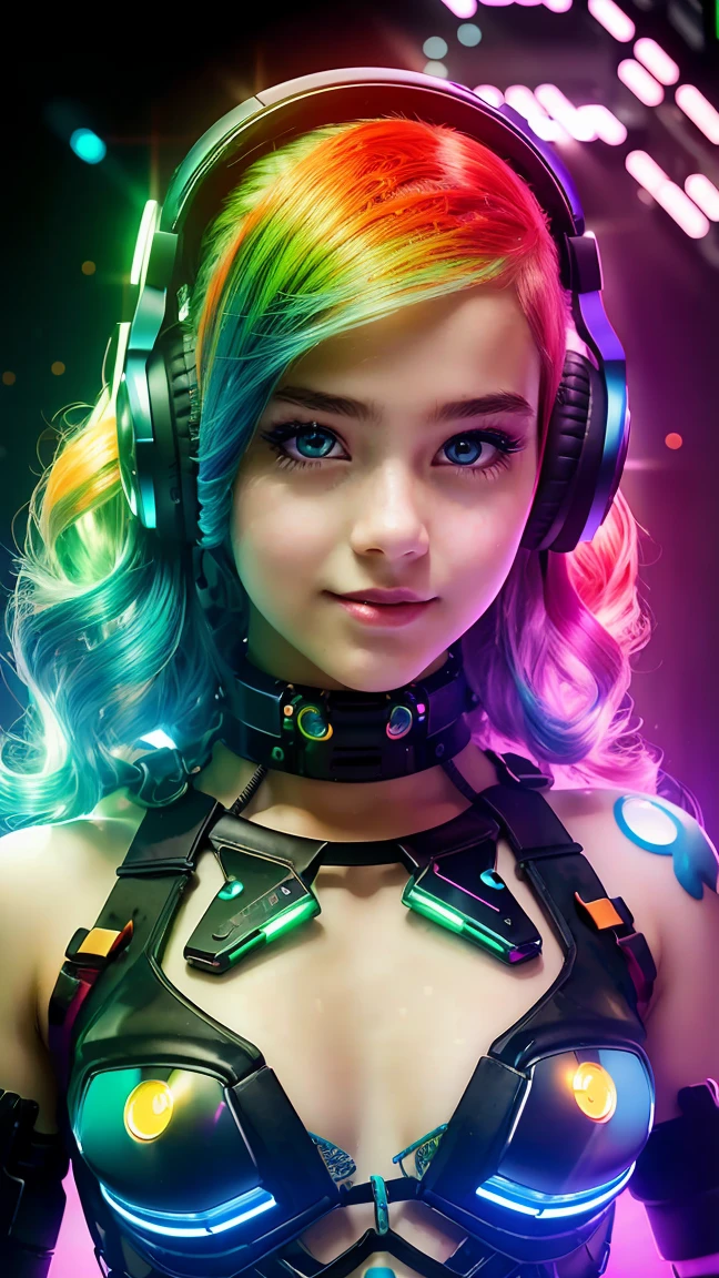 Beautiful android teen, AI teen, solo, adorable cute , mesmerising, expressive face, vr girl, ((green blue golden gradient detailed hair)), cyberpunk futuristic style, ((bright glassy brown eyes)), smoky eyes, pearly illuminated realistic skin, curvy body, medium cleavage, wet glossy reddish full lips, close up, medium shot, half body shot, HDR, Ultra High Definition, highest quality, absurdres, masterpiece, digital world, (black background), glittery, glowing light particles, focus on face, cybernetic head accessories, wireless futuristic head set, microphone,  high detail texture, contrast, wavy vibrant green blue orange colours hair, glowing, bare chest, bare shoulder, deep cleavage, light particle dust, colorful glowing orbs, rimlights, back retro-illuminated, alluring laugh, modern digital metal chocker, full boob, center frame, ((digital identity barcode tattooed on left boob)), juvenile, youthful, young, adorable, cutie, ((****)), enchanting laugh