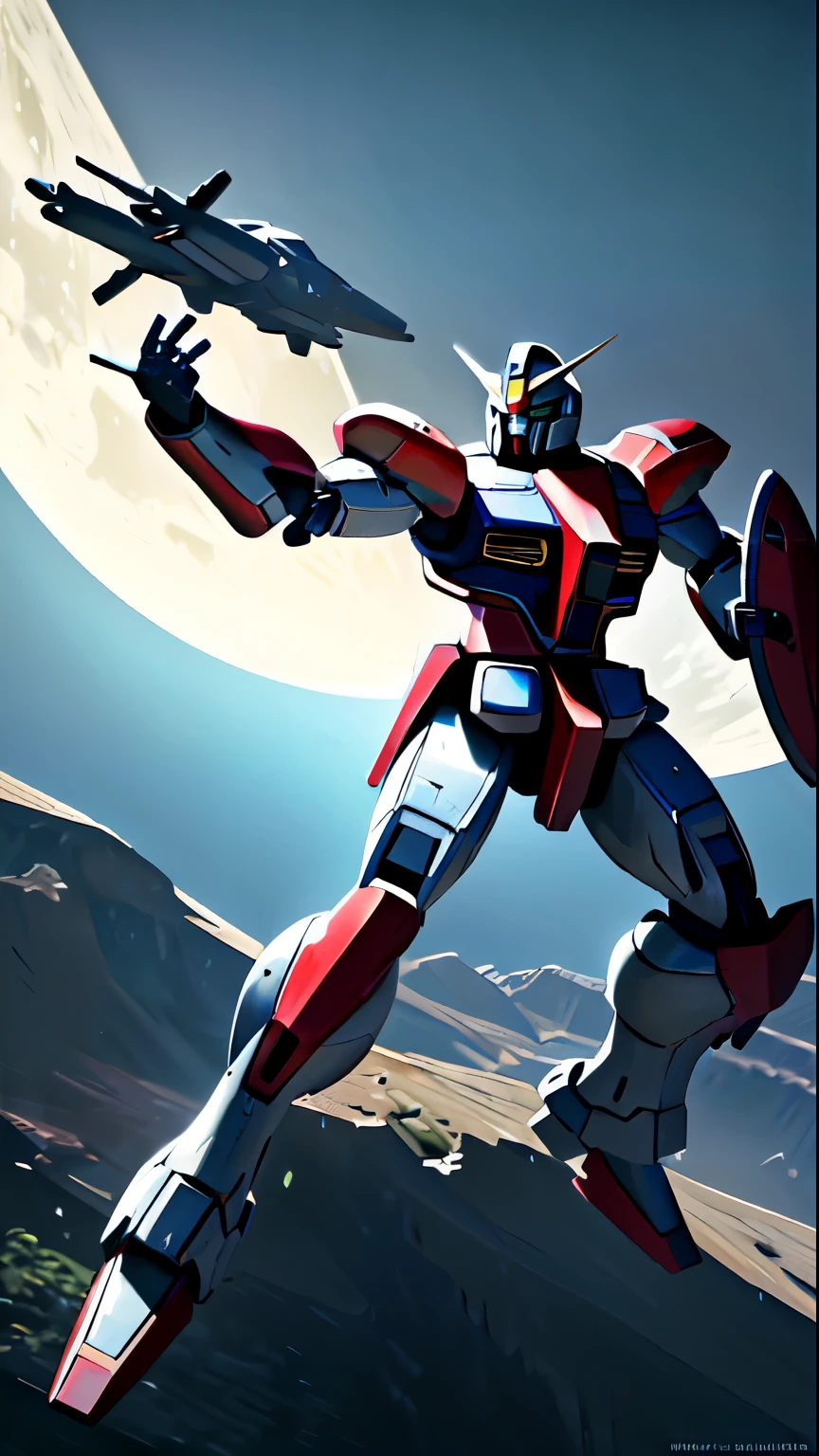 ((masterpiece)), (solo:1.4), a (((mecha))) with sleek and menacing design, glowing eyes, full body, highly detailed, high detailed background, battle, planet, hovering, a huge shield, shoulder armor, mechanical backpak ,science fiction, fighter plane flying over the earth in space with the moon in the background, concept art, space art,