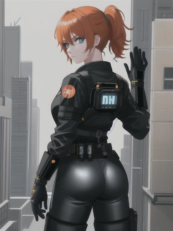 1girl, Sexy Experienced Cyberpunk Agent, short orange hair, pony tail style, blue eyes, (Wearing: futuristic black tight jumpsuit, utility belt, boots), light skin, natural makeup, athletic body,(looking from behind), (back shot), (ass focus),full-length, super face detail, Very detailed, 8k, game color correction, (HDR, UHD, k, best quality, RAW photo, best quality, masterpiece: 1.5), UHD, hd, k, hyperrealism, full-body detail, high detailed, digital painting, trending on artstation, HD quality
