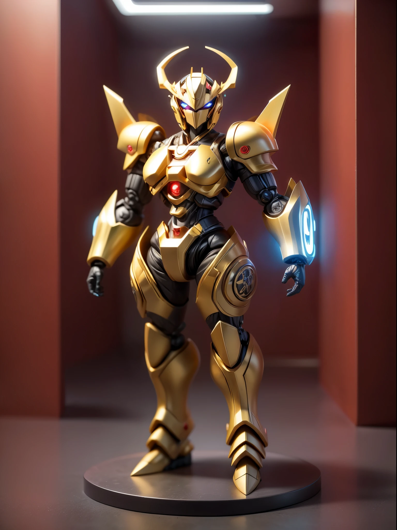 (Blind box toy style:1.3),((Full body shot))(anthropomorphism) , (1 strong Chinese dragon mecha warrior)(((solo))) metal mecha,dreamy glow, Clean dark background,Red cyan style,(circular base)( Global illumination, Ray tracing, hdr, unreal render,reasonable design, high detail, Masterpiece, Best quality, hyper HD, Cinematic lighting)